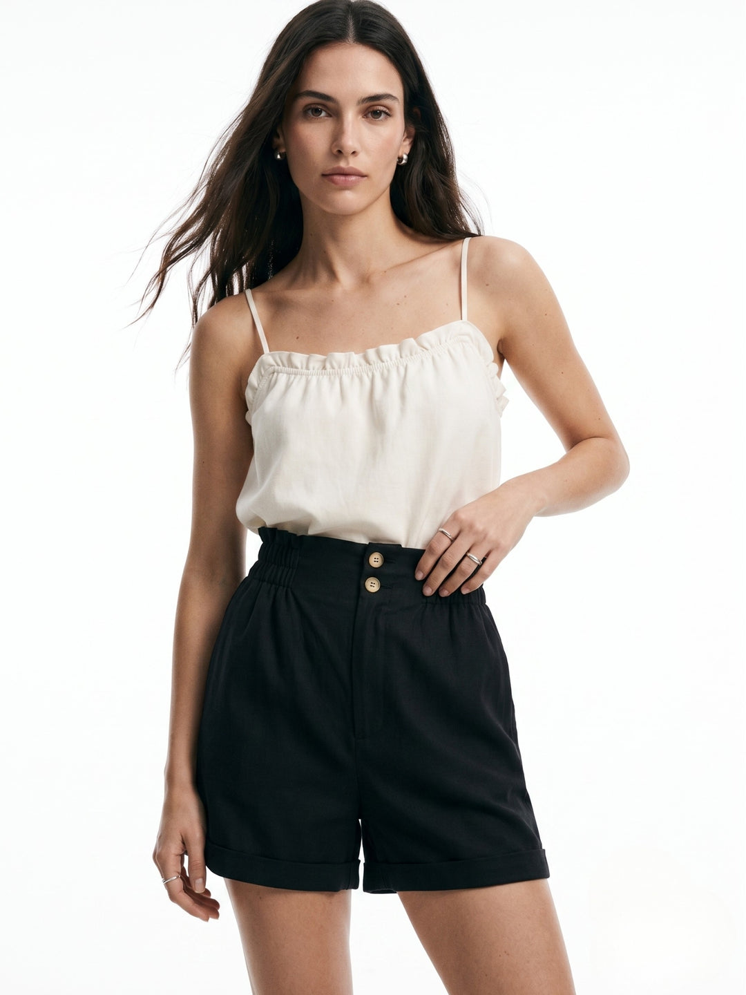Black 2 Buttoned Paper Bag Shorts