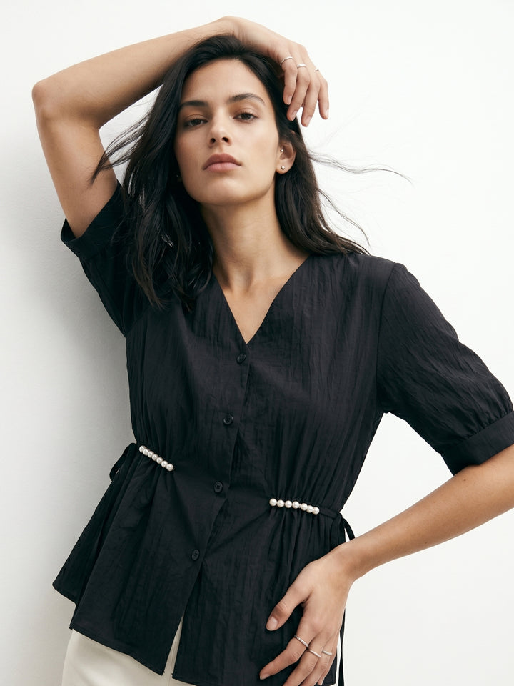 Black Waist Cinched Front Buttoned Top
