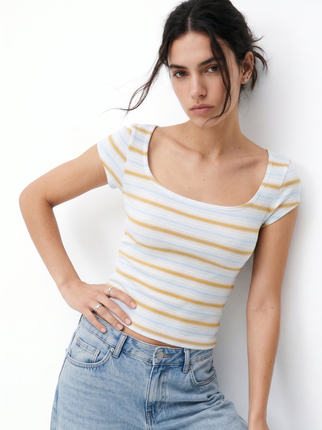 Blue Scoop Neck Striped Top