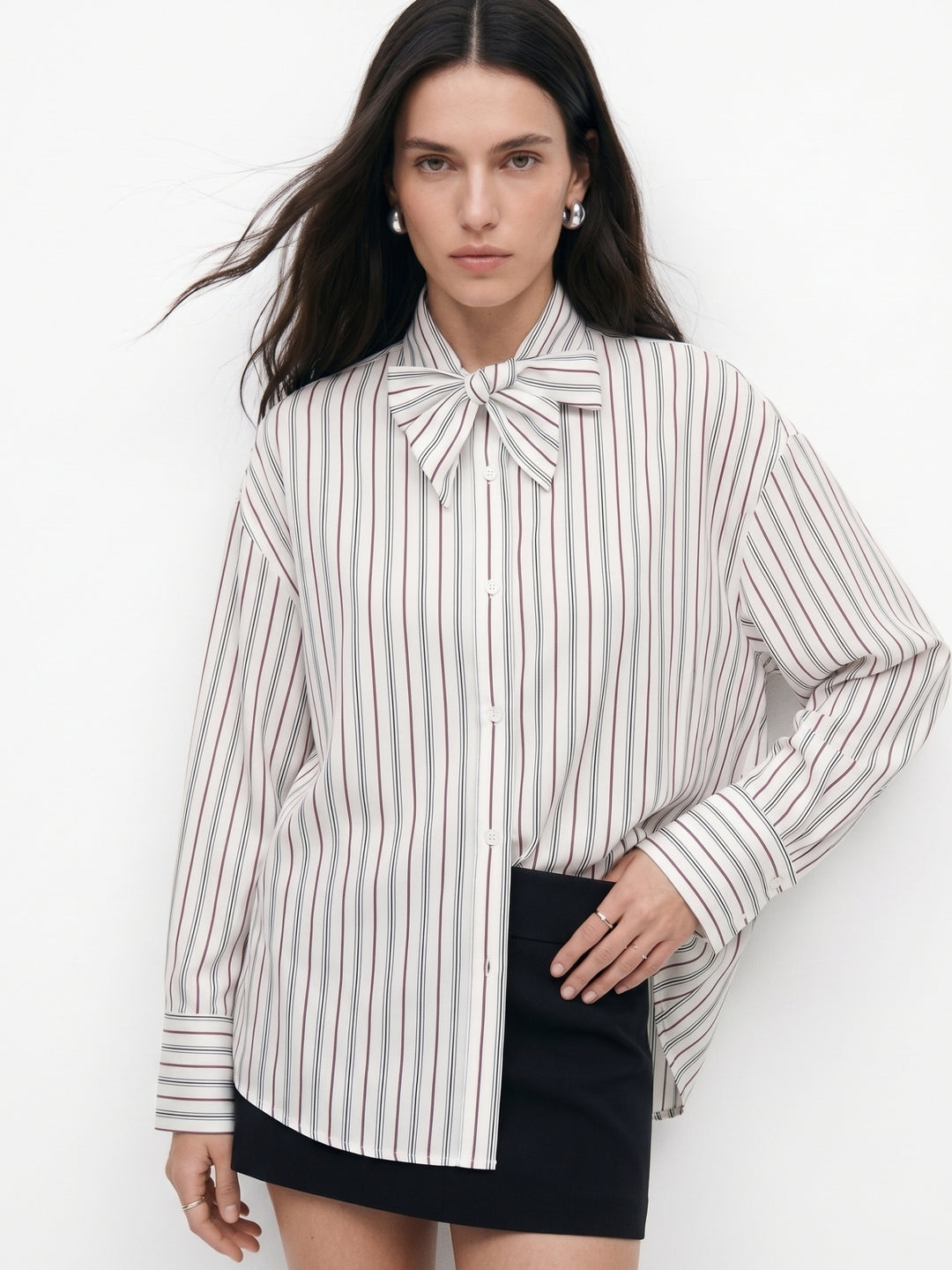 Off White Neck Tie-Up Front Buttoned Striped Shirt