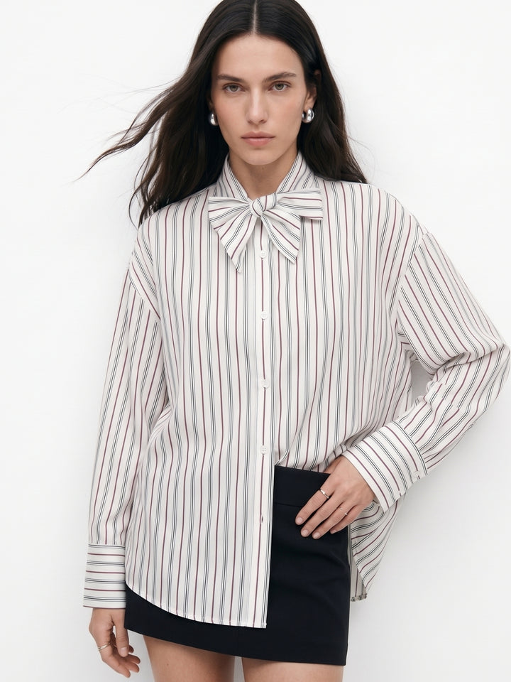 Off White Neck Tie-Up Front Buttoned Striped Shirt
