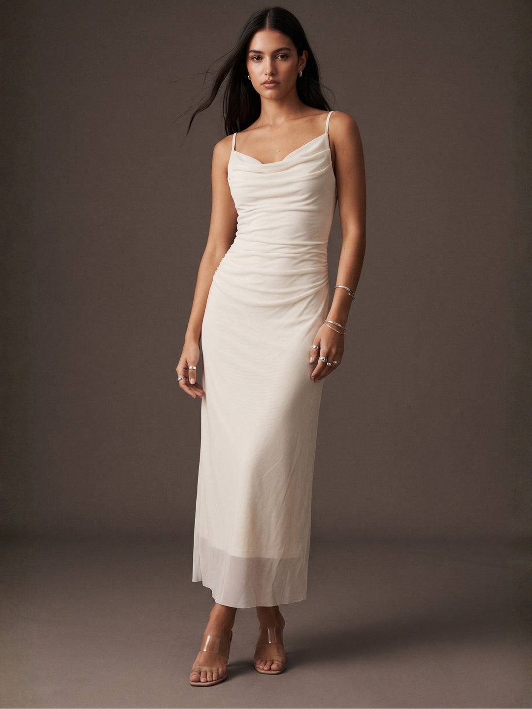 Cream Spaghetti Strap Mesh Dress
