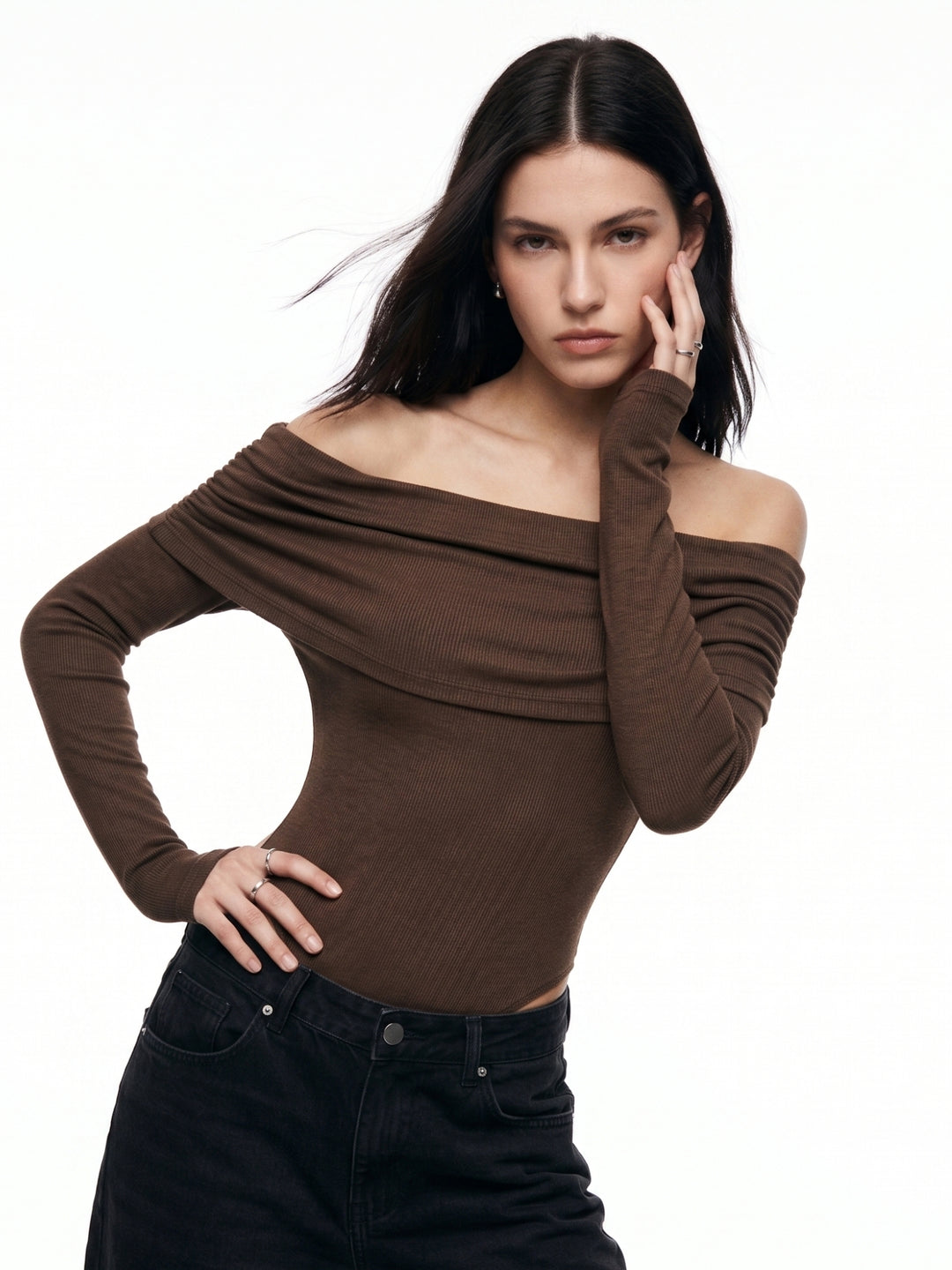 Brown Off-Shoulder Fitted Bodysuit