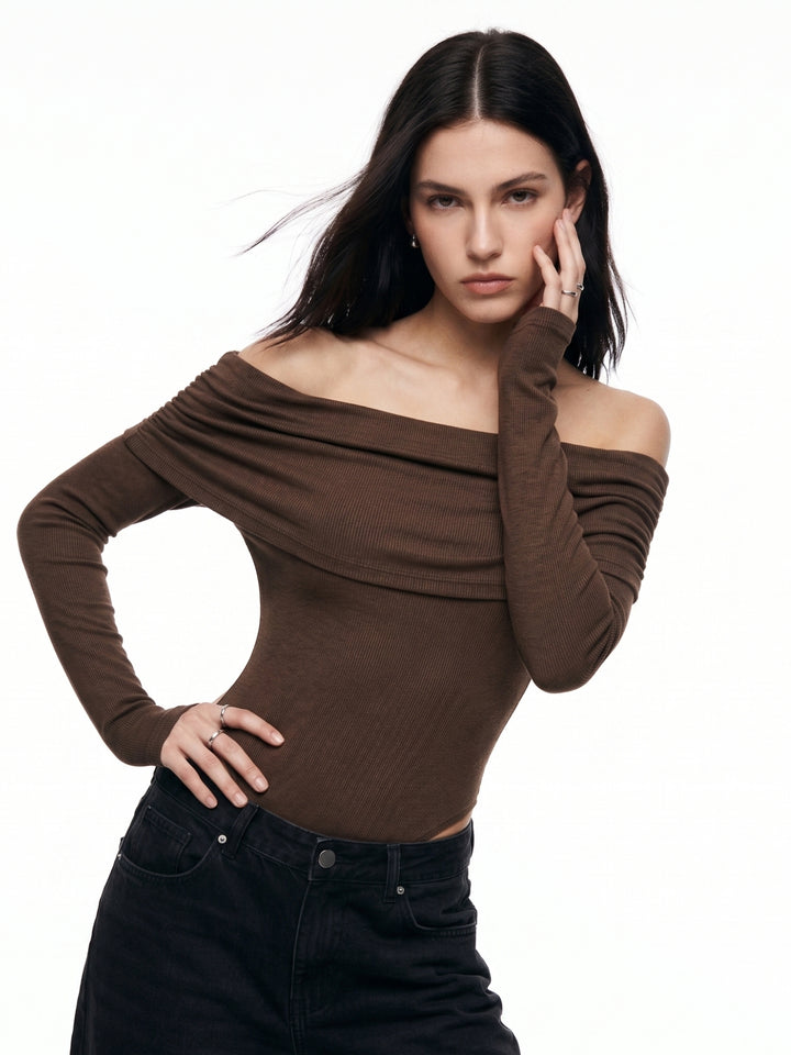 Brown Off-Shoulder Fitted Bodysuit