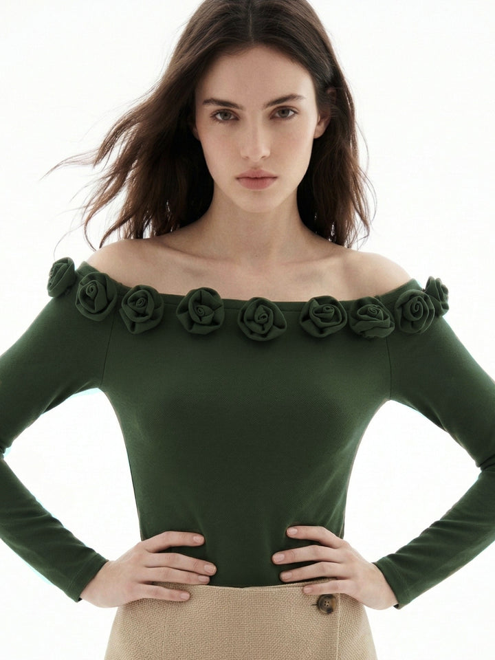 Olive Off-Shoulder Full Sleeved Top With Floral Embellishments