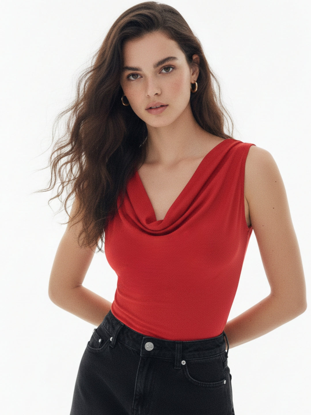 Red Solid Cowl Drapey Top