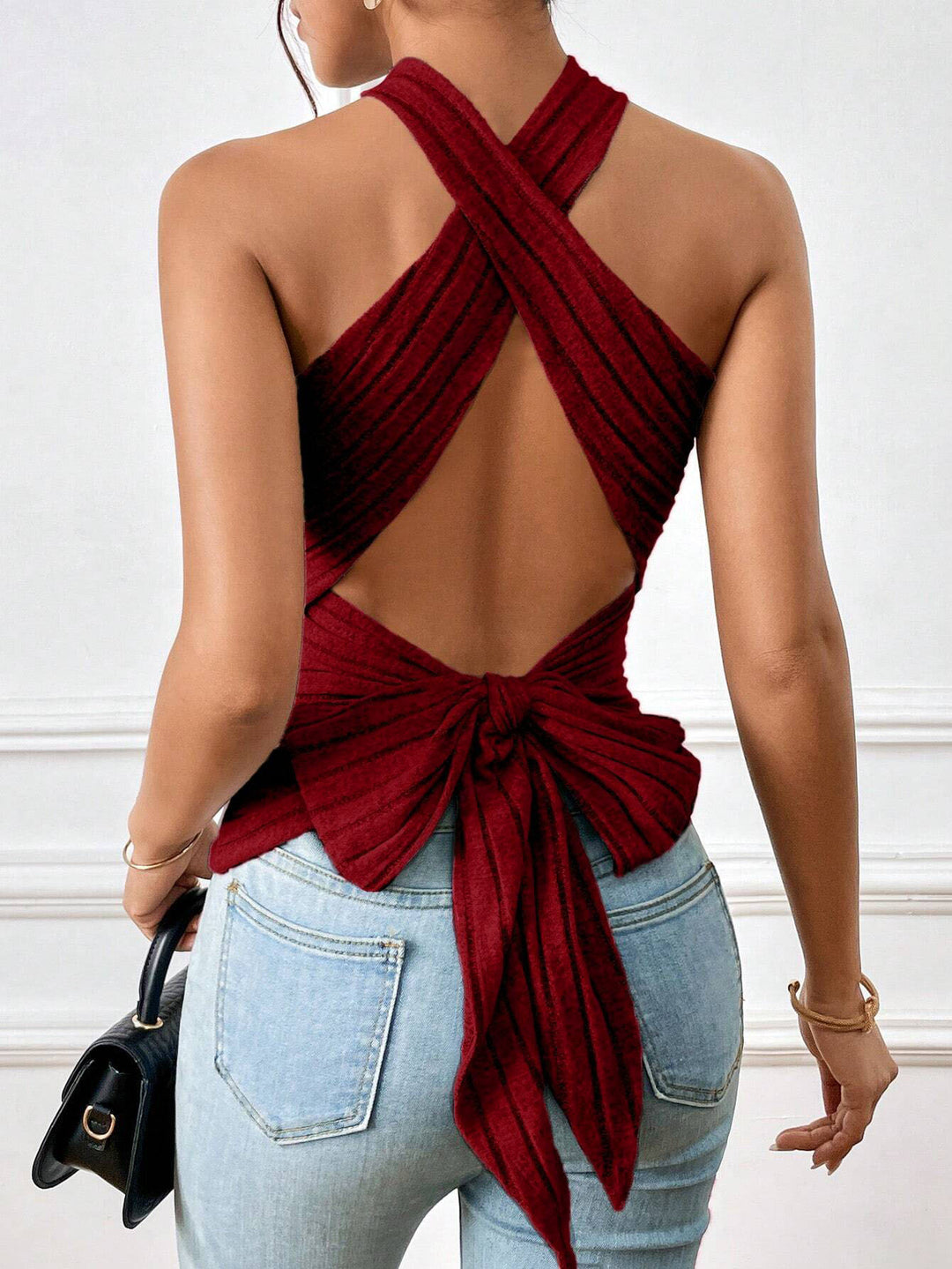 Burgundy High Neck Tank With Back Tie Up Bow