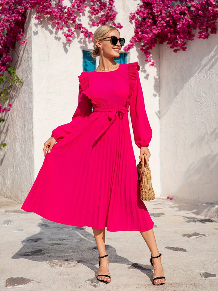 Pink Solid Pleated Dress