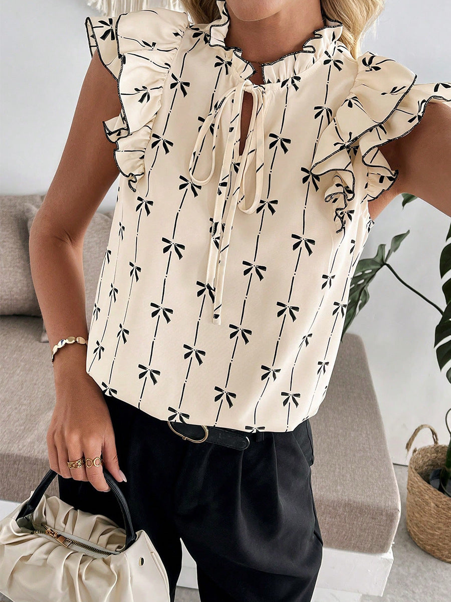 Cream Tiered Flappy Sleeves Printed Top