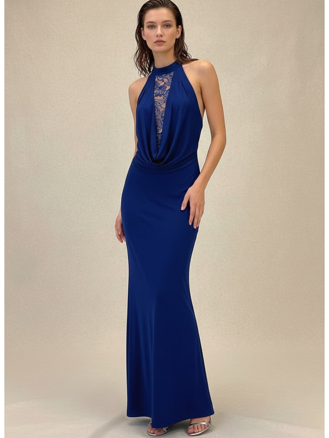 Blue Halter Cowl Neck Lace Detail Dress