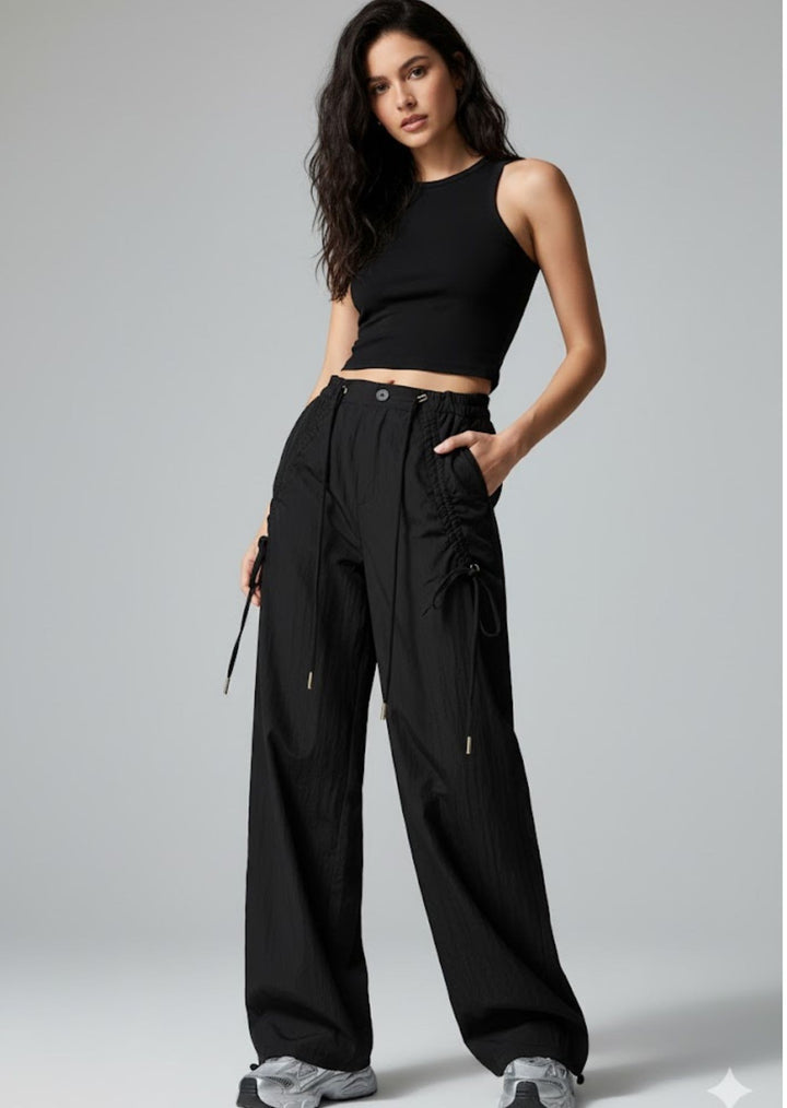Black Wide Leg Drawstring Parachute Pants