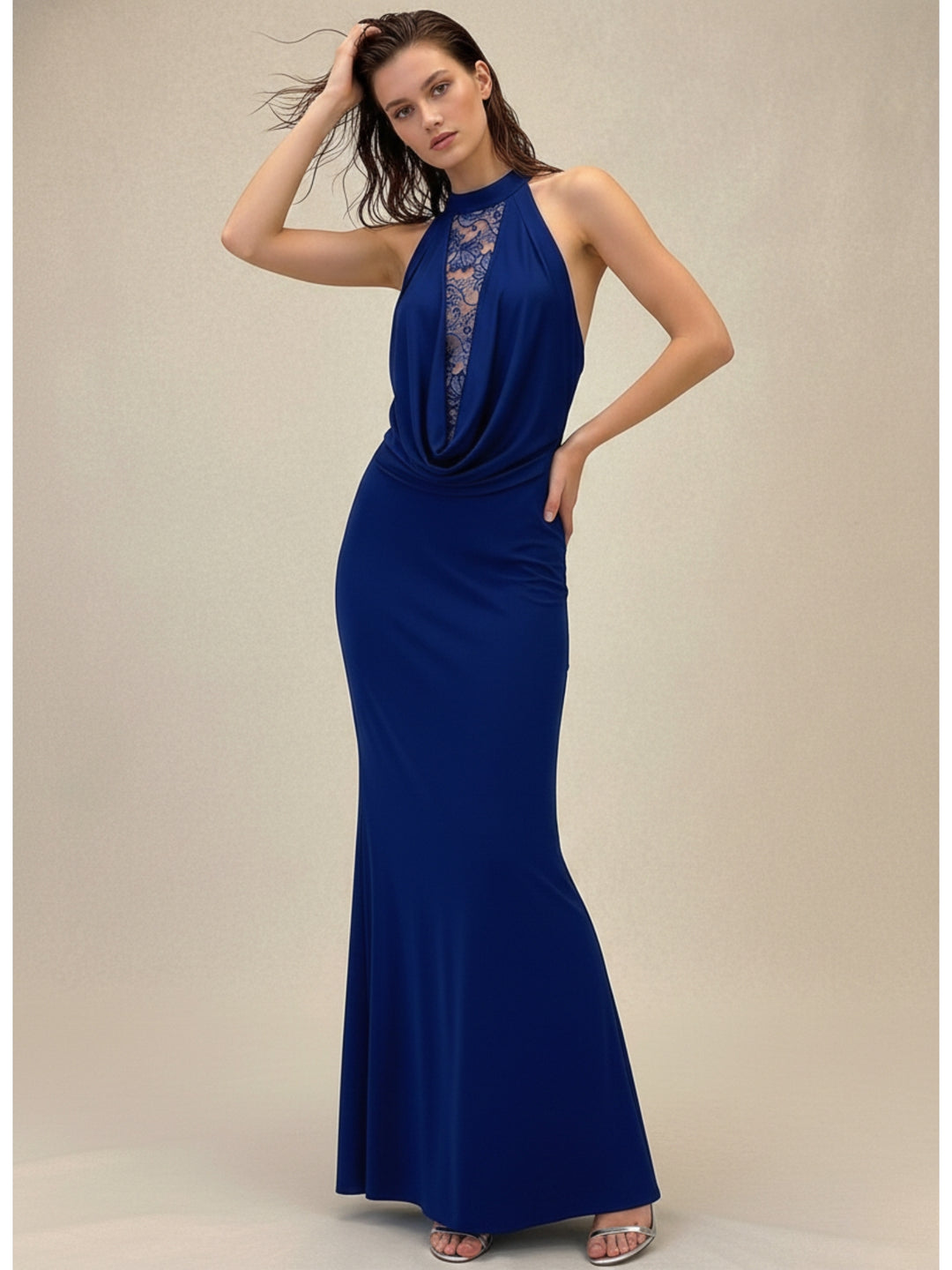 Blue Halter Cowl Neck Lace Detail Dress