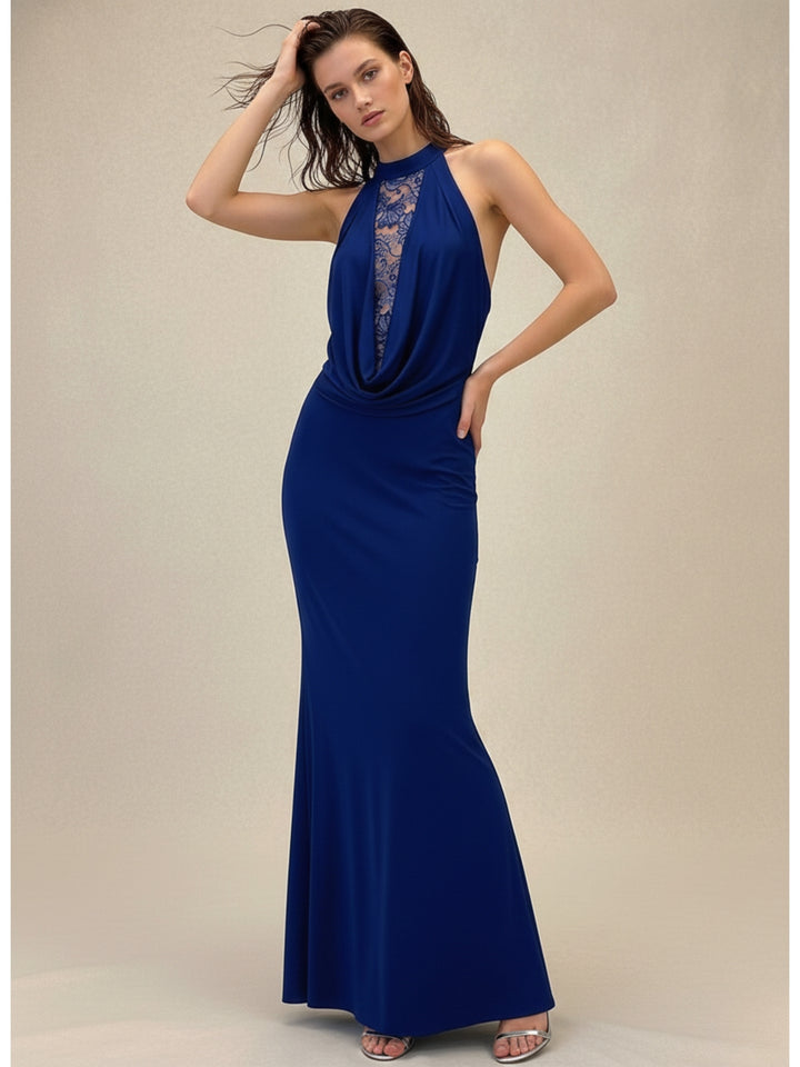 Blue Halter Cowl Neck Lace Detail Dress