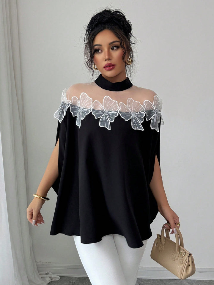 Black High Neck Embroidery Patch Top