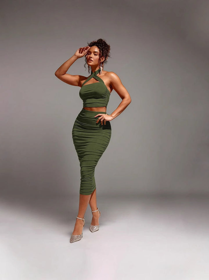 Olive Cross Over Halter Neck Ruched Top & Skirt Set