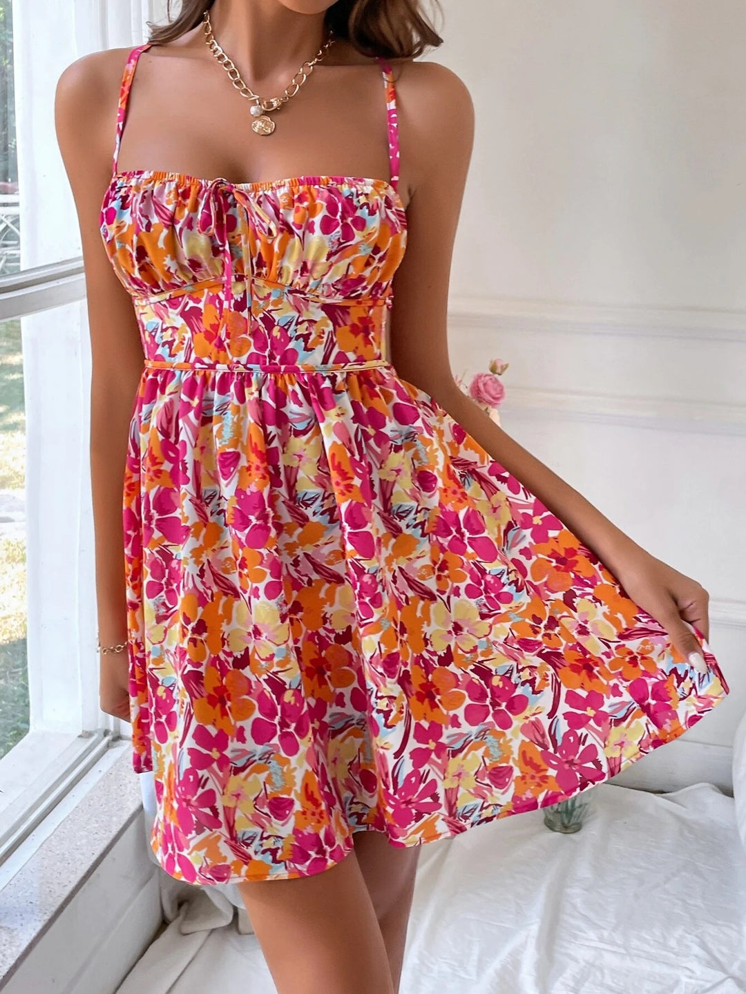 Multi Shoulder Strap Front Ruched Dress