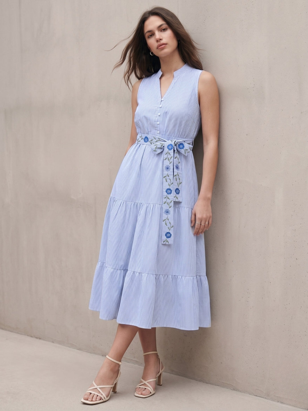 Blue Flared Tiered Stripe Shirt Dress With Embroidered Belt