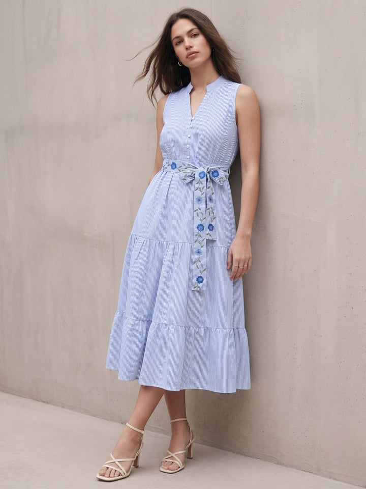 Blue Flared Tiered Stripe Shirt Dress With Embroidered Belt