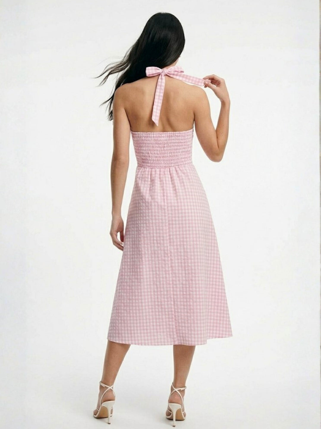 Pink Checkered Square Halter Neck Dress