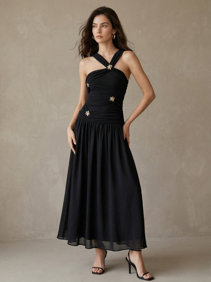 Black Halter Neck Trim Detail Dress