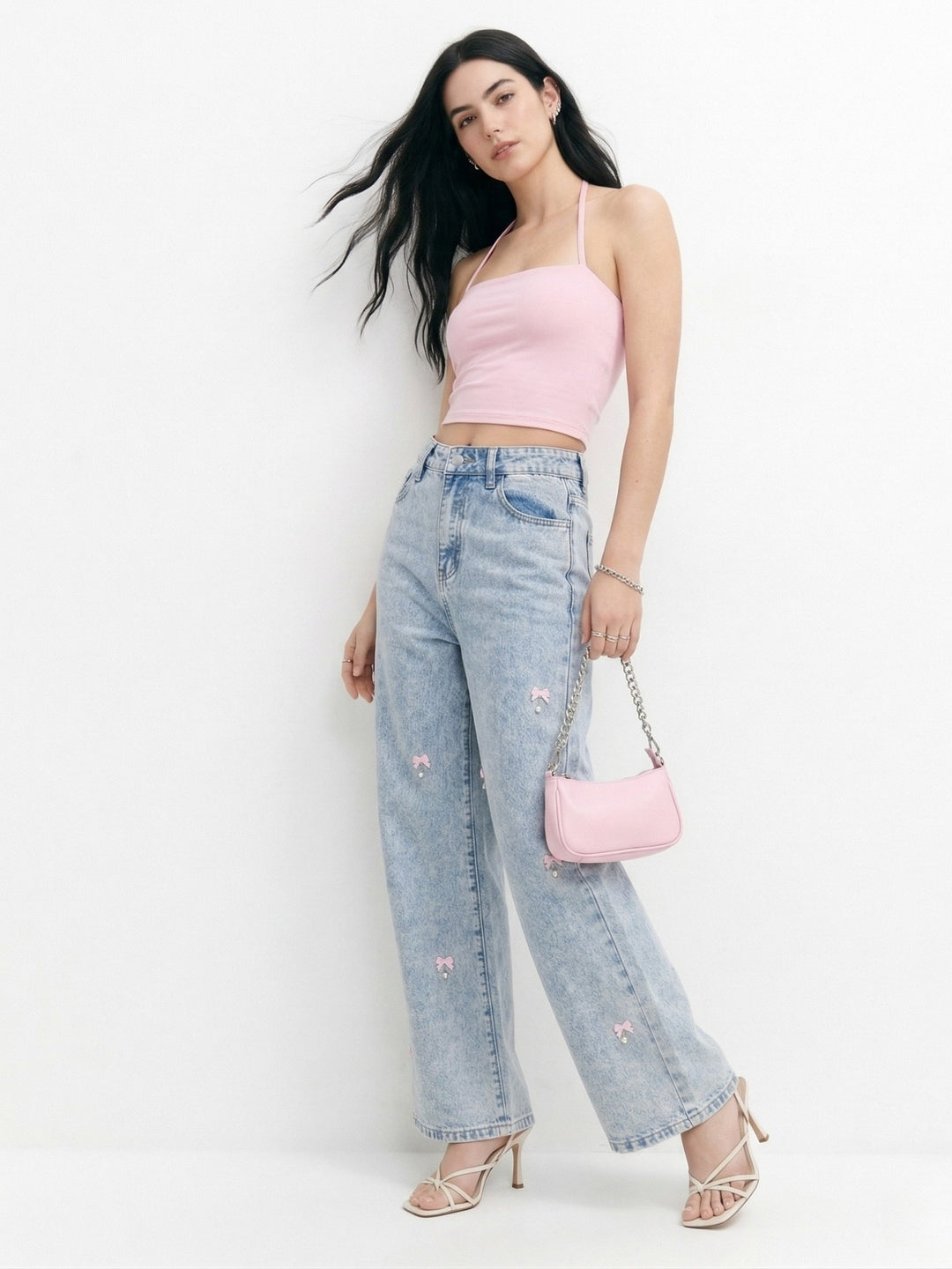 Blue Bow And Studs Detail Denim