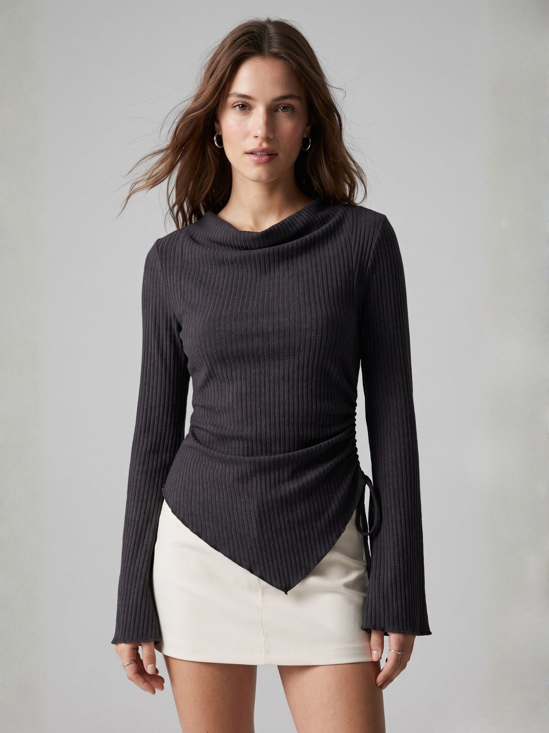 Black Bell Sleeve Side Ruched Top