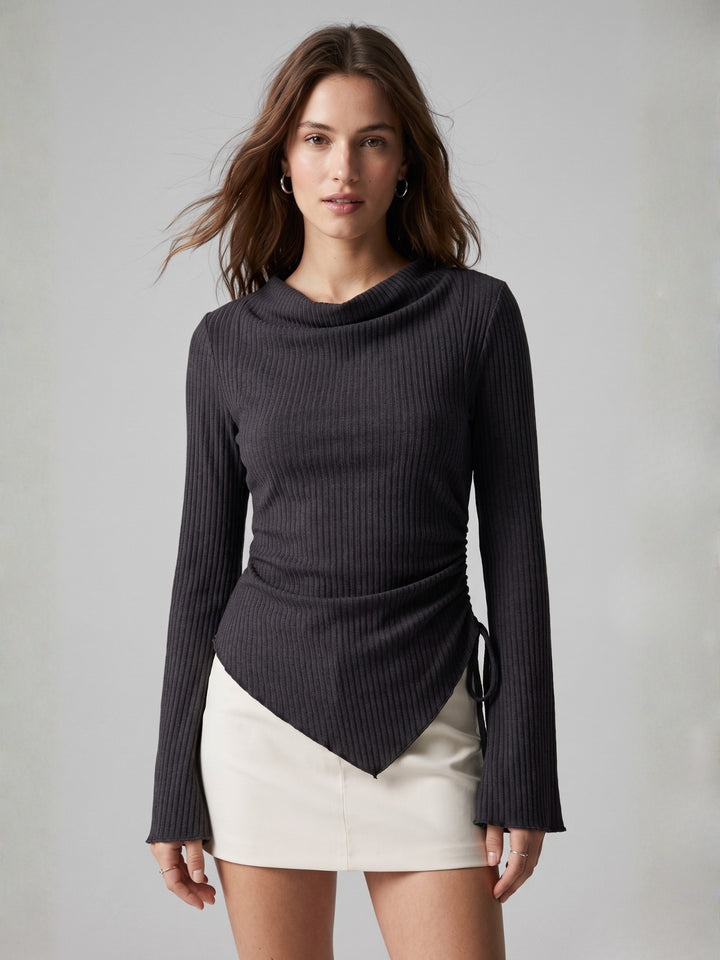 Black Bell Sleeve Side Ruched Top