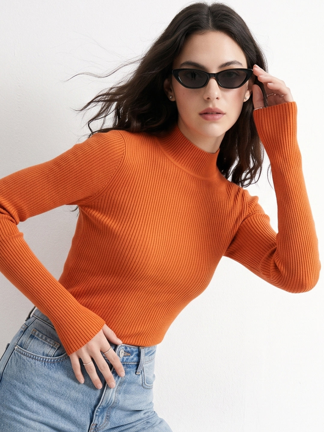 Orange High Neck Flat Knit Top