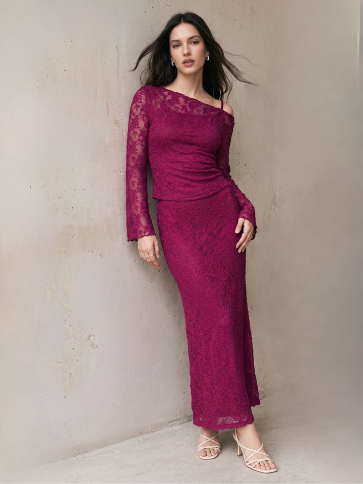 Maroon Bell Sleeve Cold Shoulder Lece Top And Lace Skirt