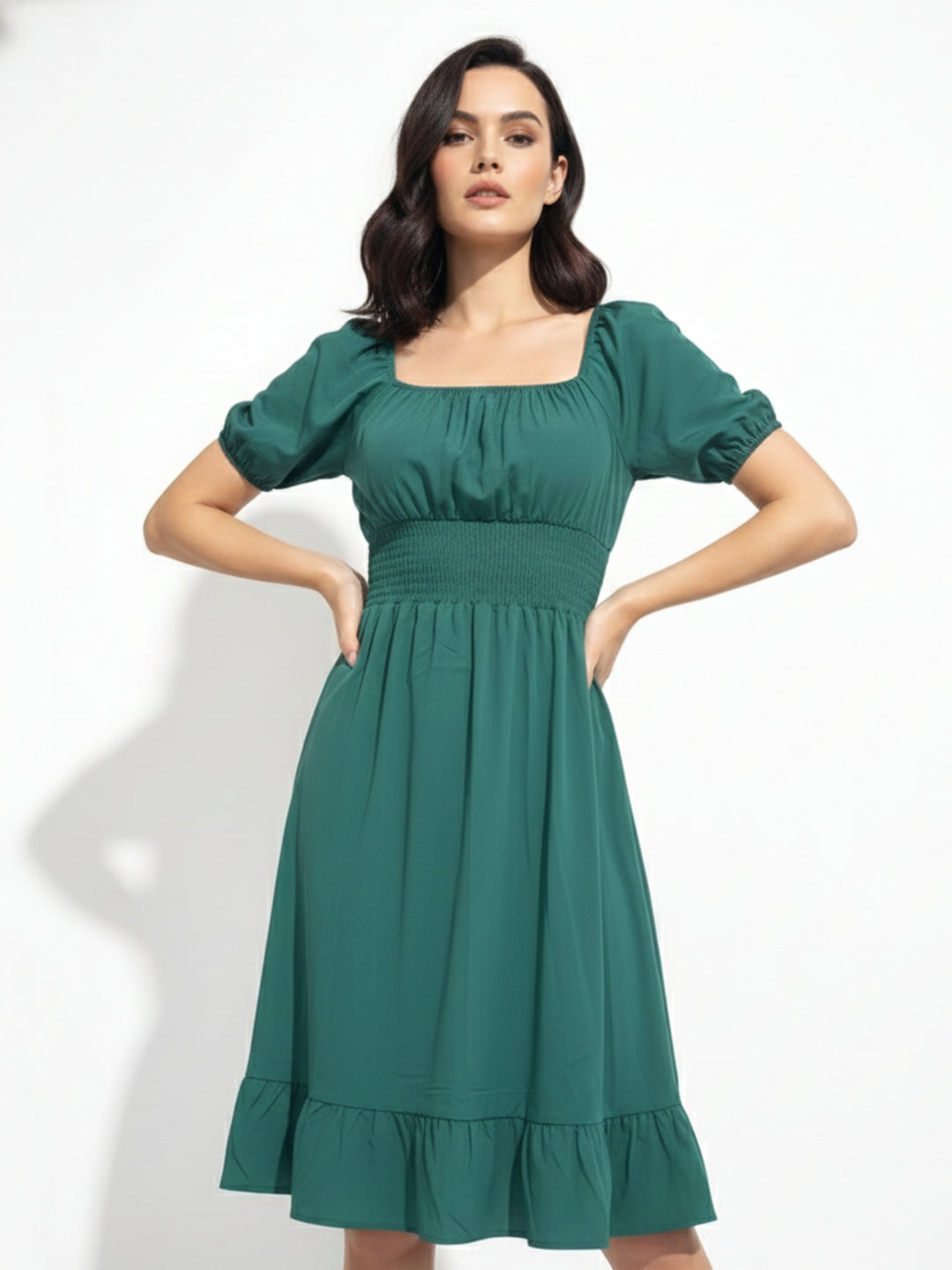 Green Square Neck Cinched Waist Dress