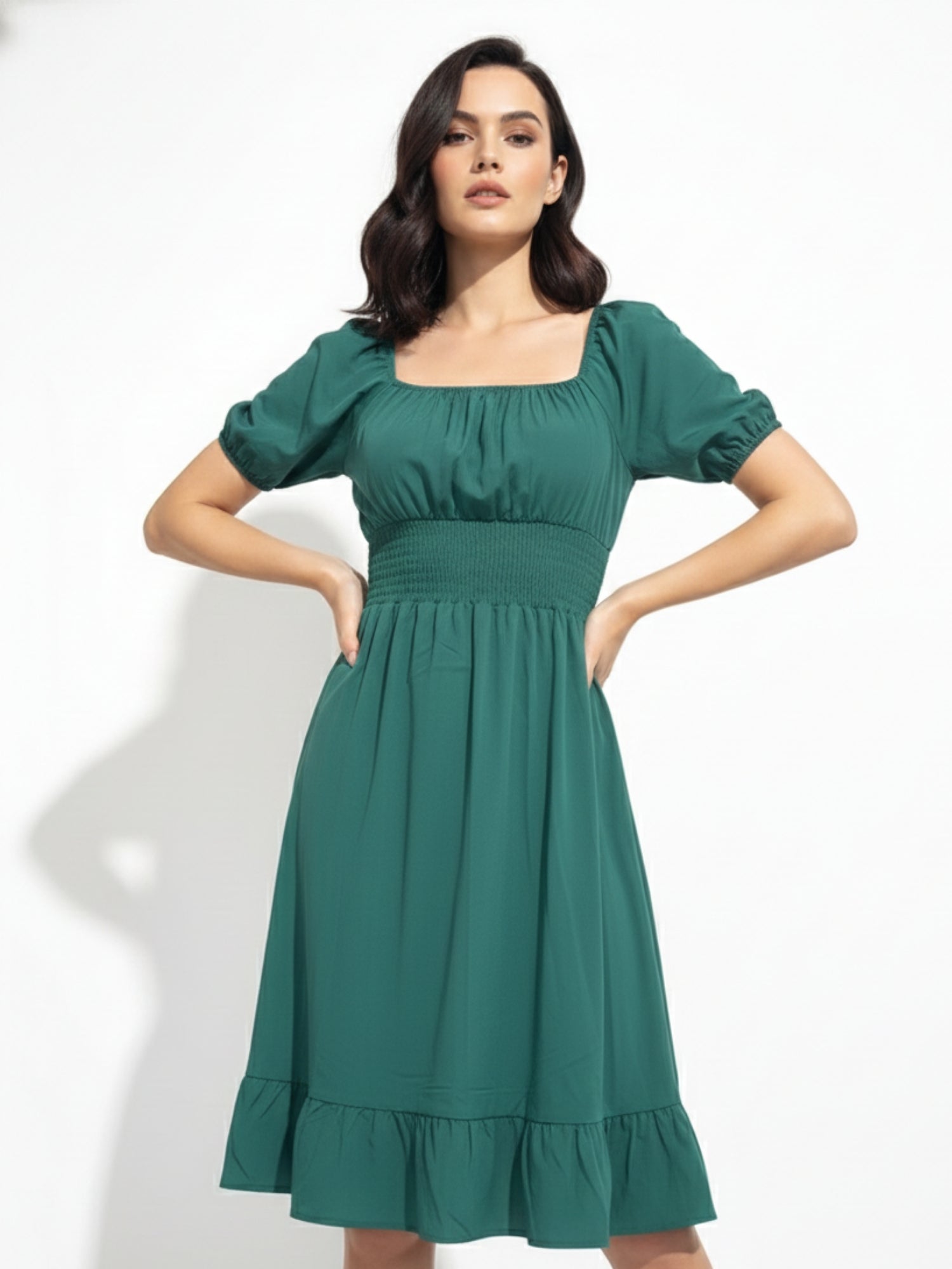Green Square Neck Cinched Waist Dress