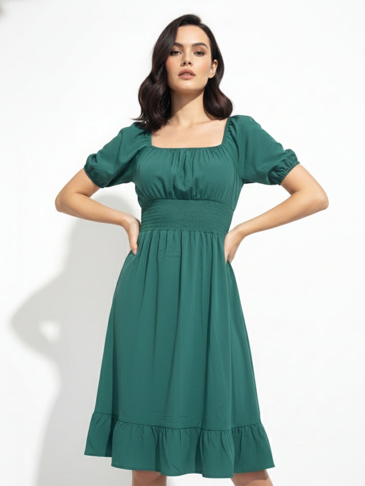 Green Square Neck Cinched Waist Dress