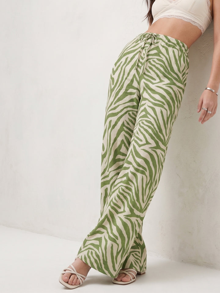 Green Animal Printed Wide Leg Trousers