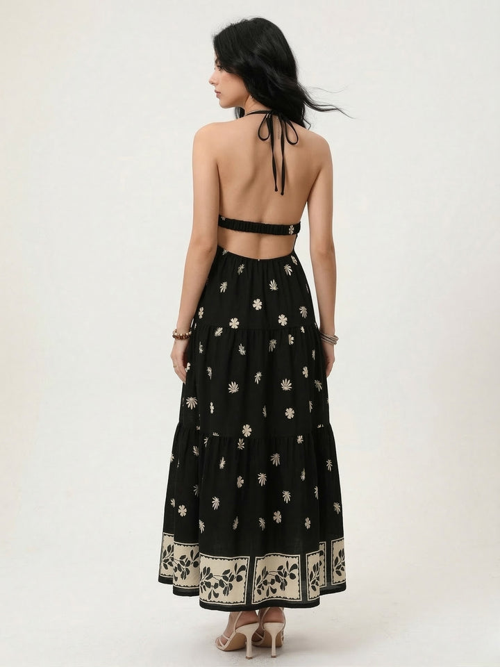 Black Halter Neck Printed Dress