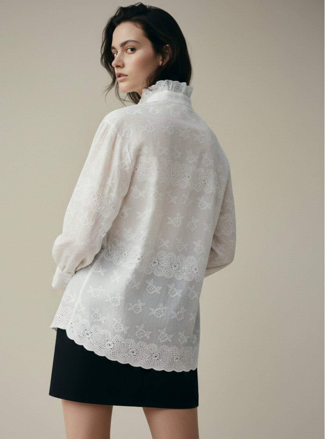 Off White Textured Ruffle Neck Top
