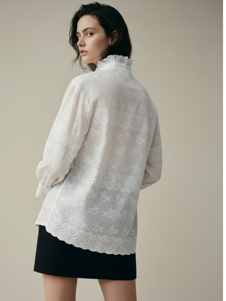 Off White Textured Ruffle Neck Top