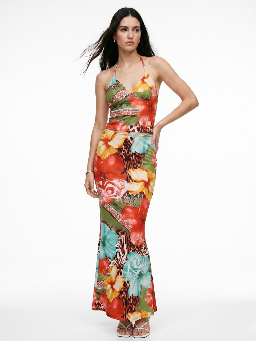 Multi Halter Neck Printed Top And Skirt Set