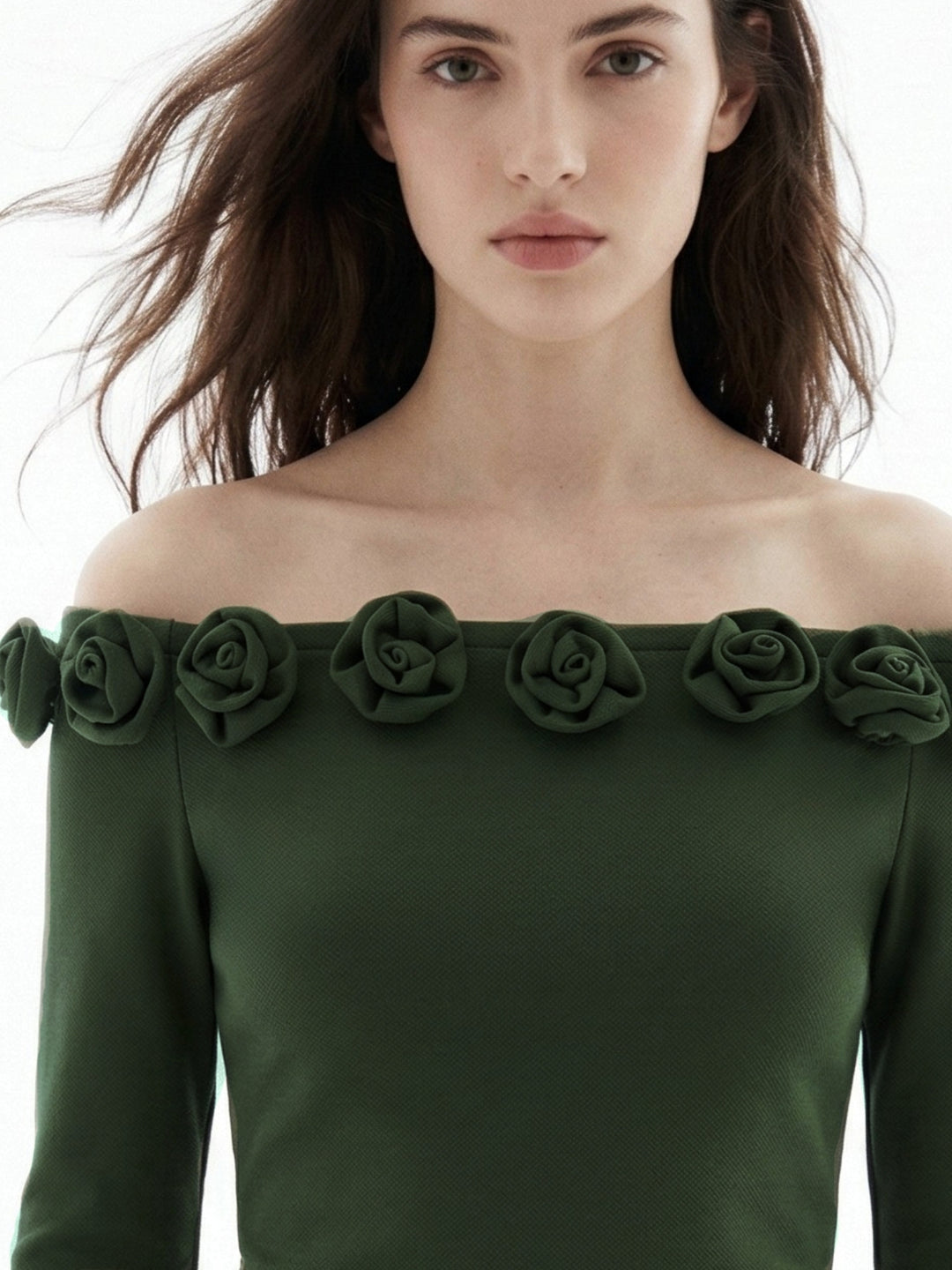 Olive Off-Shoulder Full Sleeved Top With Floral Embellishments