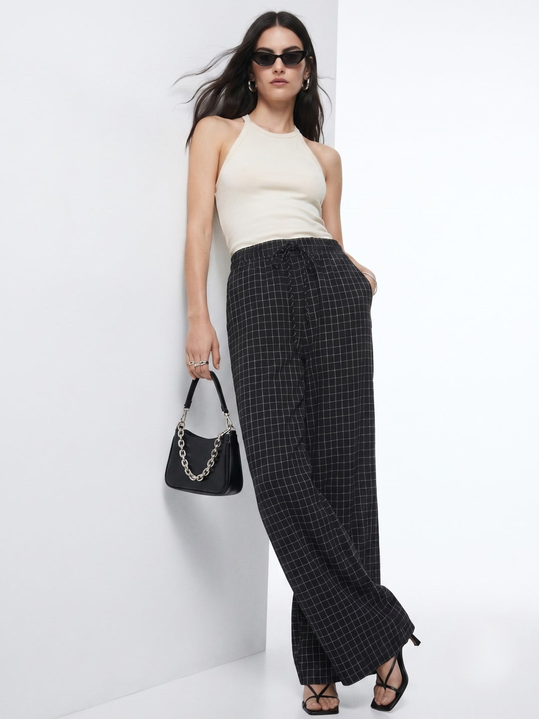 Navy Blue Checkered Elasticated Waistband Trouser