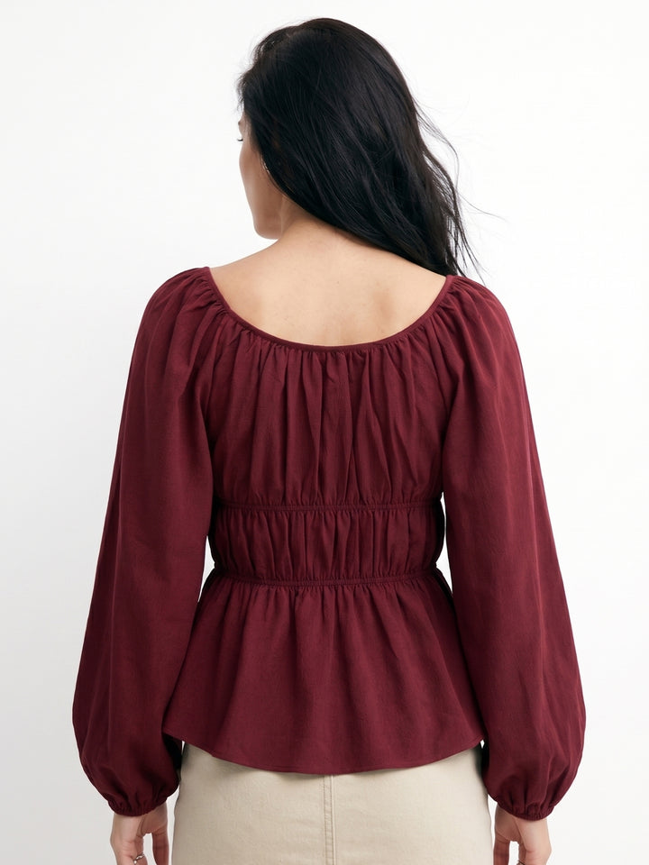 Maroon Regular Fit Square Neckline Long Sleeve Blouse With Bow Tie Detail In Textured Rivera Cerepe Fabric
