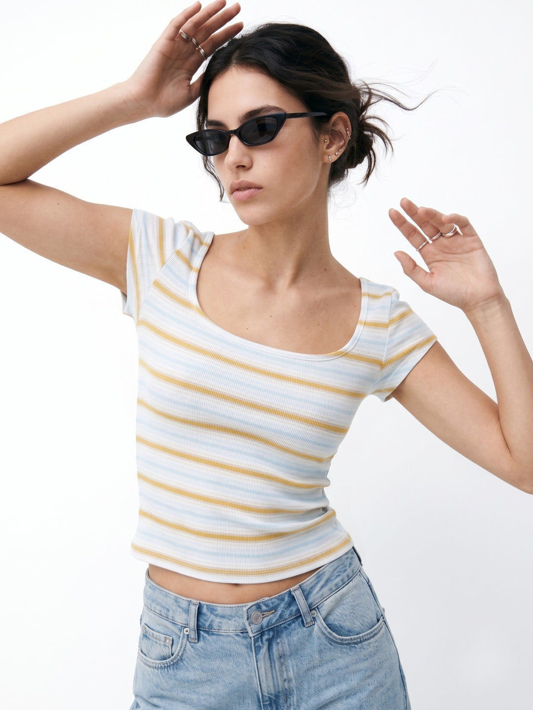 Blue Scoop Neck Striped Top