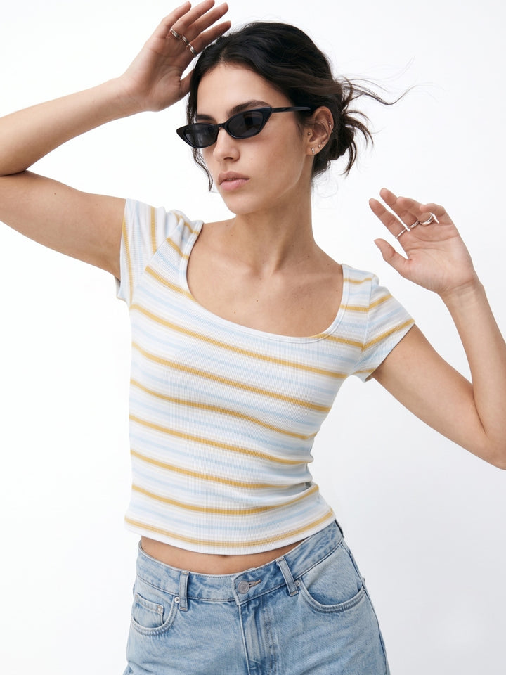 Blue Scoop Neck Striped Top