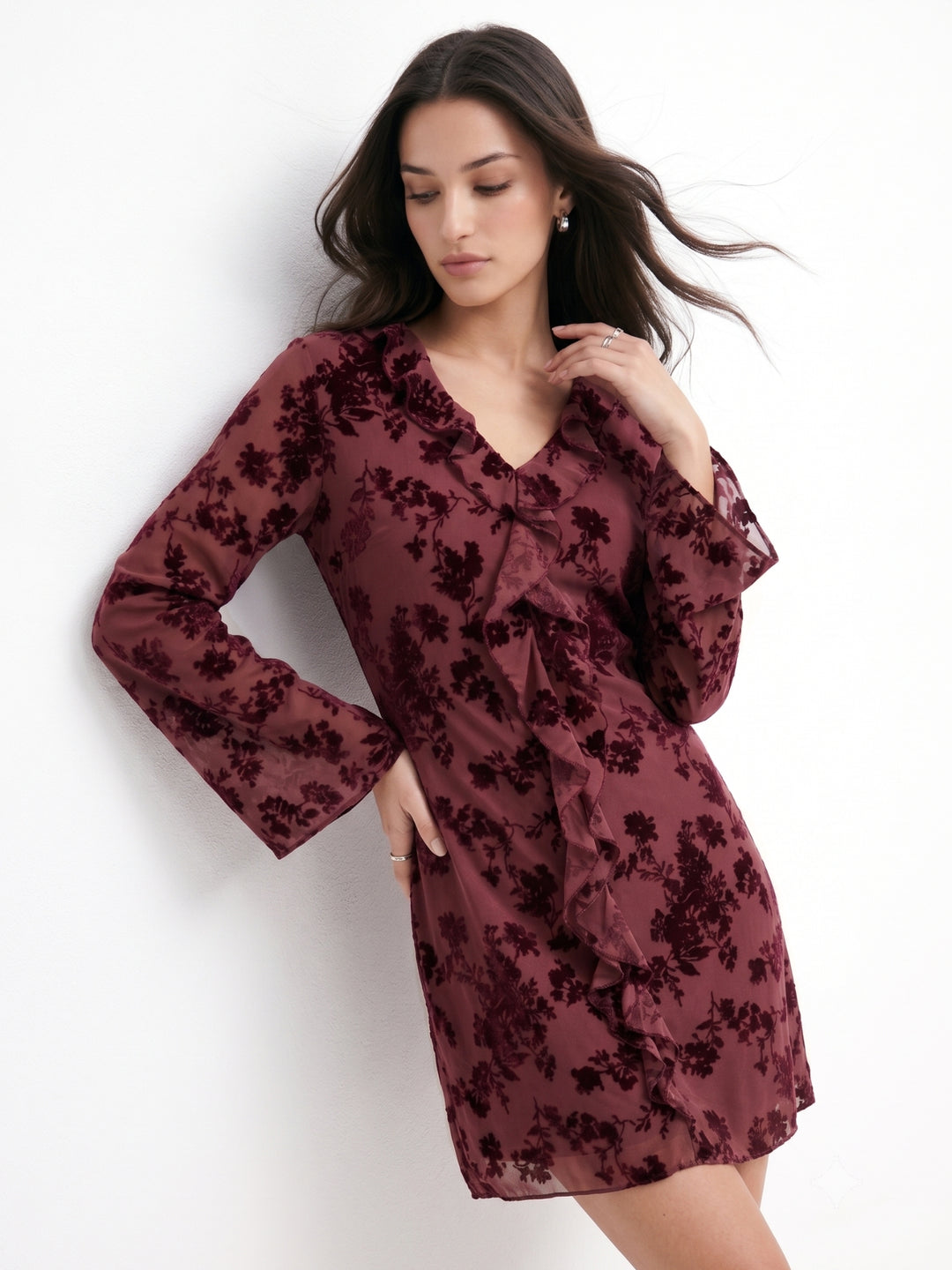 Wine Floral Mesh Ruffle Detail Dress
