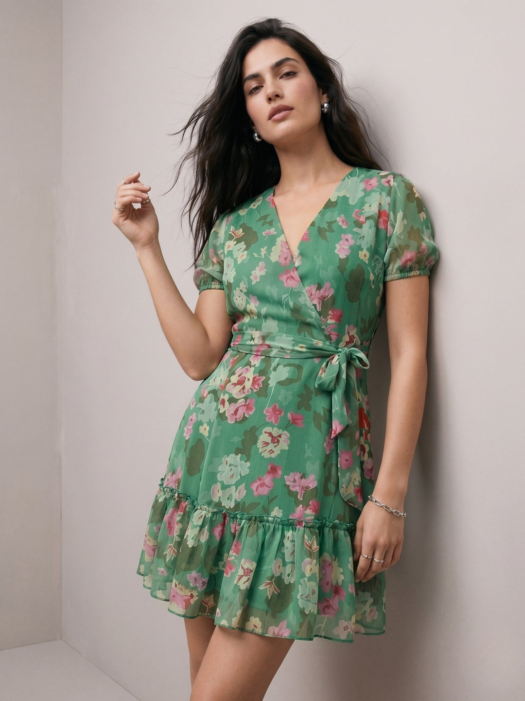 Green Mini Length Tiered Printed Dress