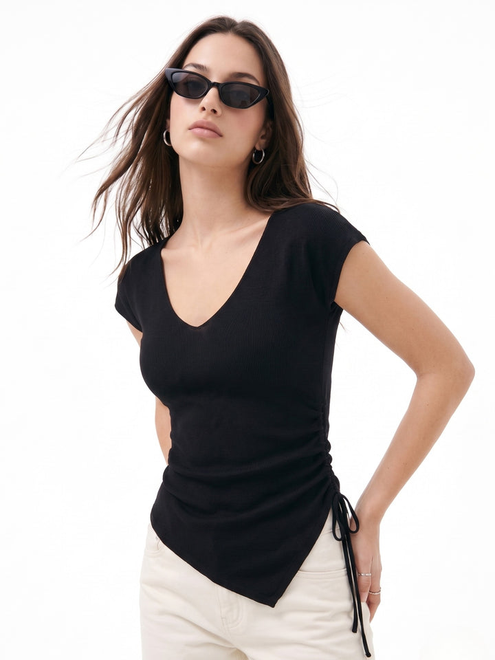 Black V Neck Top With Side Ruching