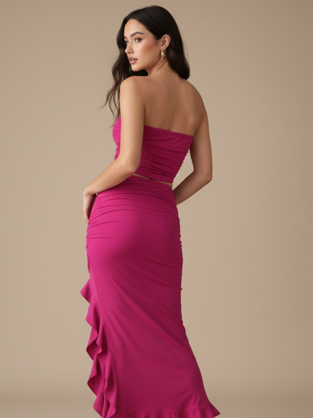Pink Off Shoulder Tube Top And Ruffle Hem Skirt