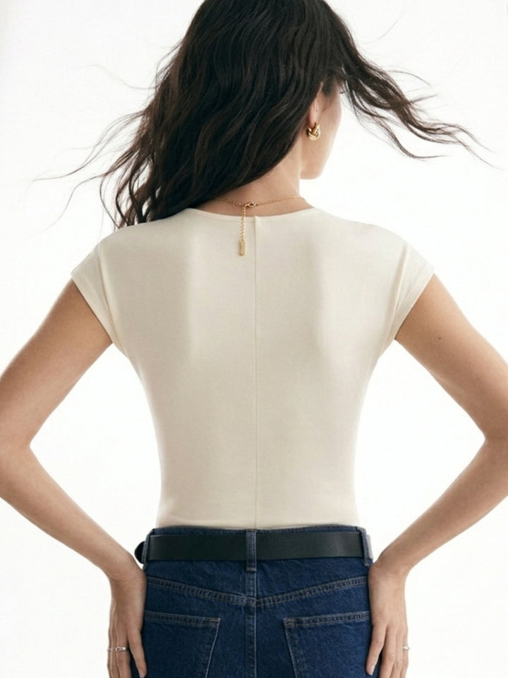 Cream Cap Sleeve V Neck Bodysuits
