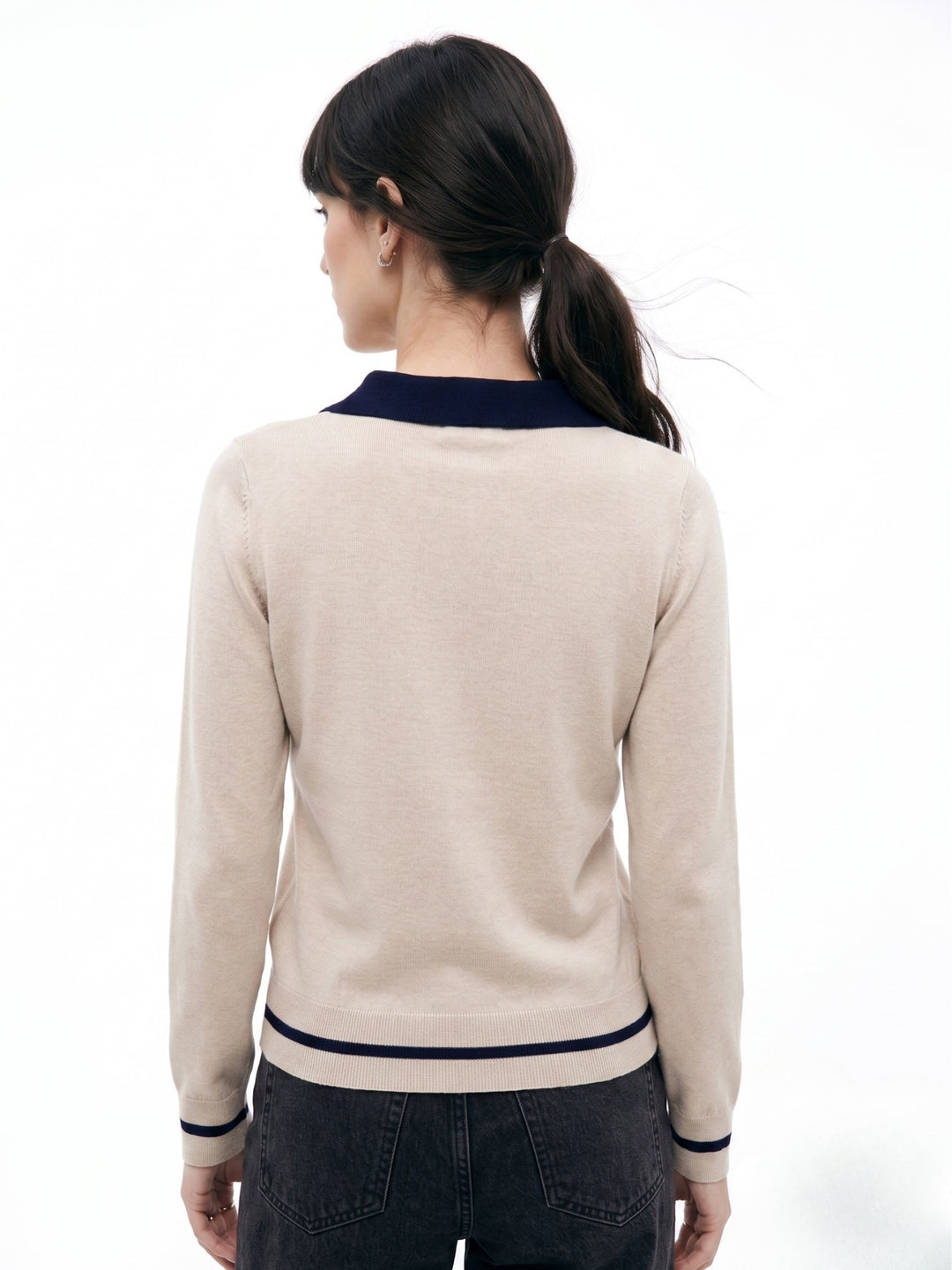 Beige Contrast Collared Polo Sweater