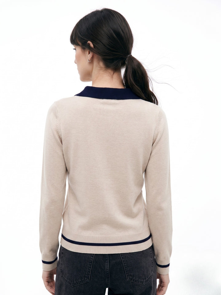 Beige Contrast Collared Polo Sweater