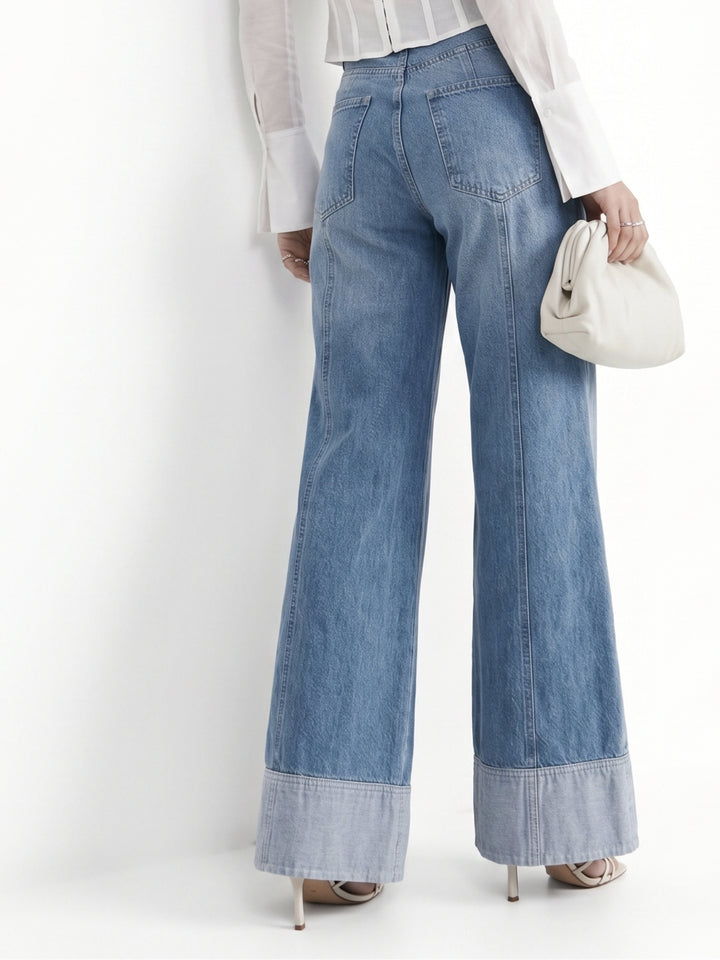 Blue Folded Hem Wide Leg Jeans